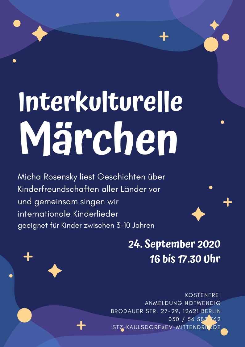 Plakat Interkulturelle Märchen - Dunkelblauer Hintergrund - violette Elemente außen, darüber liegen gelbe Sterne